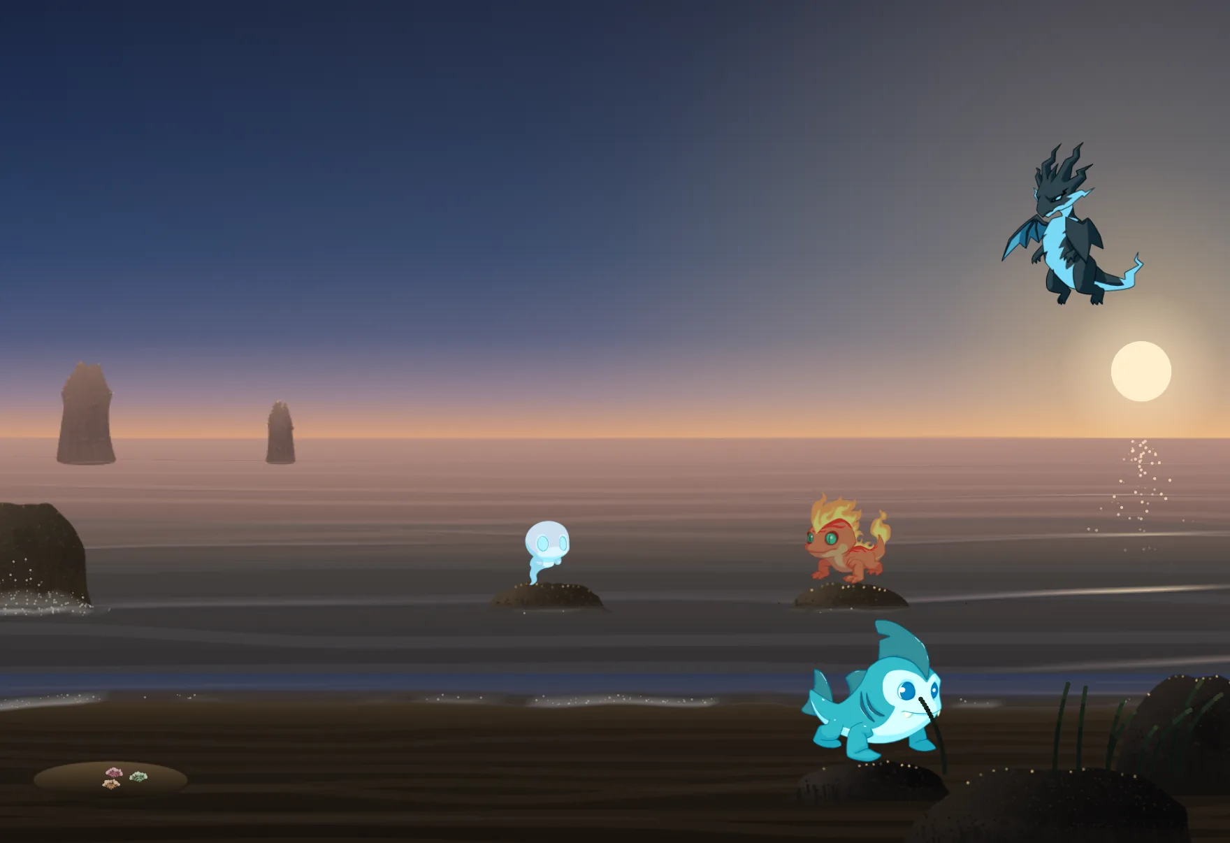 The Tidal Shelf at sunset, with Alchemons living on the rocks