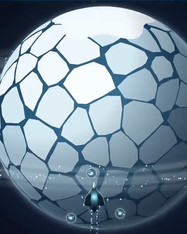 The ship flying past an ice planet