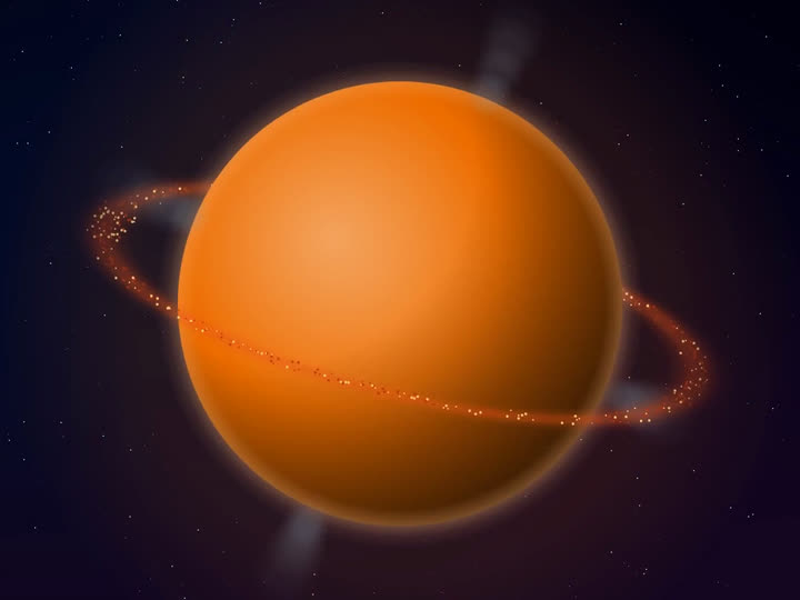 An orange home planet with a ring of grains