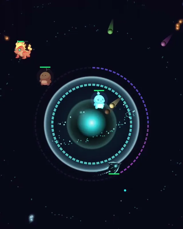 Alchemons defending a glowing core from enemy waves