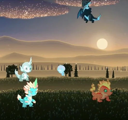 Wild Alchemons in the Verdant Valley at sunset